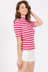 Pink Striped Ribbed Mock Neck Top