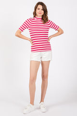 Pink Striped Ribbed Mock Neck Top