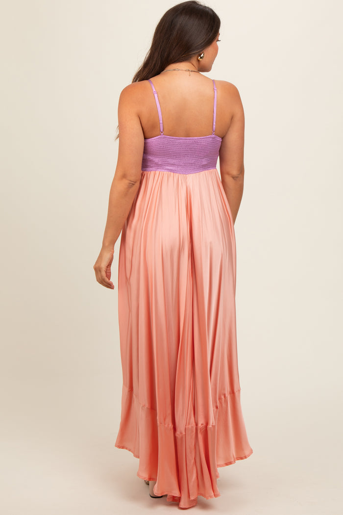Peach Colorblock Sleeveless Satin Maternity Dress