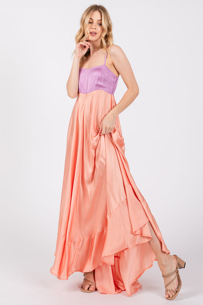 Peach Colorblock Sleeveless Satin Dress