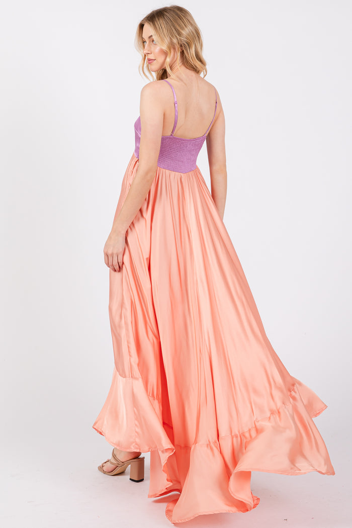 Peach Colorblock Sleeveless Satin Dress