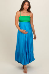 Green Colorblock Sleeveless Satin Maternity Dress