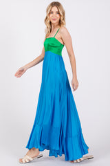 Green Colorblock Sleeveless Satin Dress