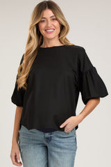 Black Drop Shoulder Puff Sleeve Maternity Top