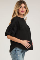 Black Drop Shoulder Puff Sleeve Maternity Top