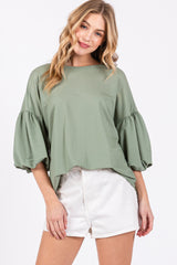 Light Olive Drop Shoulder Puff Sleeve Top