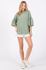 Light Olive Drop Shoulder Puff Sleeve Top