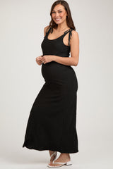 Black Textured Tie Strap Maternity Midi Dress