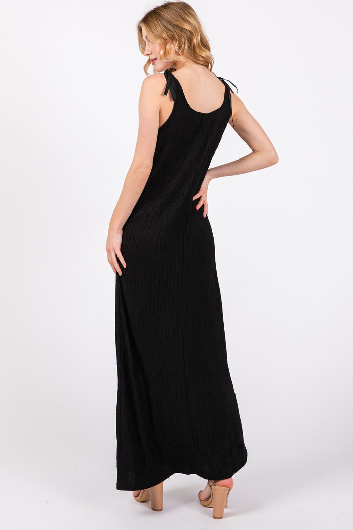 Black Textured Tie Strap Midi Dress