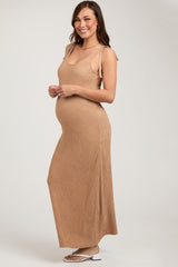 Mocha Textured Tie Strap Maternity Midi Dress