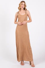 Mocha Textured Tie Strap Maternity Midi Dress