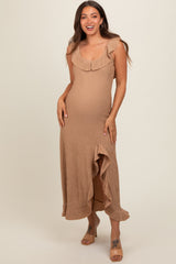 Mocha Textured Sleeveless Ruffle Slit Maternity Maxi Dress