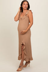 Mocha Textured Sleeveless Ruffle Slit Maternity Maxi Dress