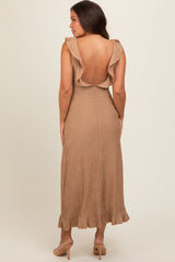 Mocha Textured Sleeveless Ruffle Slit Maternity Maxi Dress