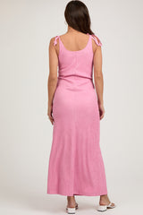 Pink Textured Tie Strap Maternity Midi Dress