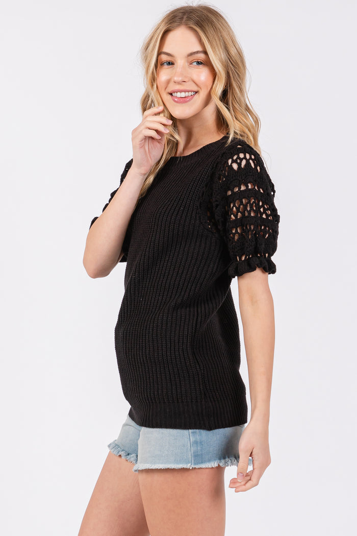 Black Open Knit Short Puff Sleeve Sweater Top