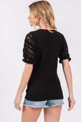 Black Open Knit Short Puff Sleeve Sweater Top