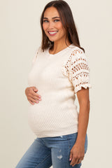 Cream Open Knit Short Puff Sleeve Maternity Sweater Top
