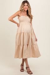 Beige Smocked Cut-Out Back Tiered Maternity Midi Dress