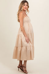 Beige Smocked Cut-Out Back Tiered Maternity Midi Dress