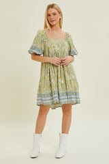 Light Green Floral Puff Sleeve Maternity Dress