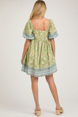 Light Green Floral Puff Sleeve Maternity Dress