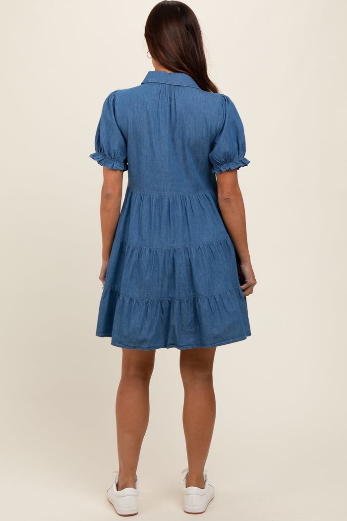 Blue Chambray Puff Sleeve Button Down Maternity Dress