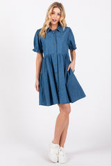 Blue Chambray Puff Sleeve Button Down Dress