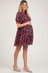 Black Abstract Floral Print Tiered Maternity Dress