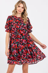 Black Abstract Floral Print Tiered Maternity Dress