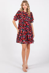 Black Abstract Floral Print Tiered Dress