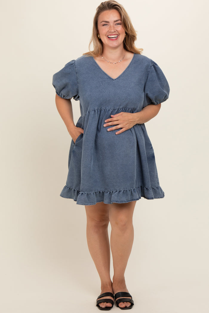 Light Blue Chambray Puff Sleeve Maternity Plus Dress