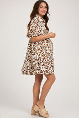 Camel Printed Collared Tiered Maternity Dress