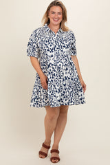 Navy Printed Collared Tiered Maternity Plus Dress