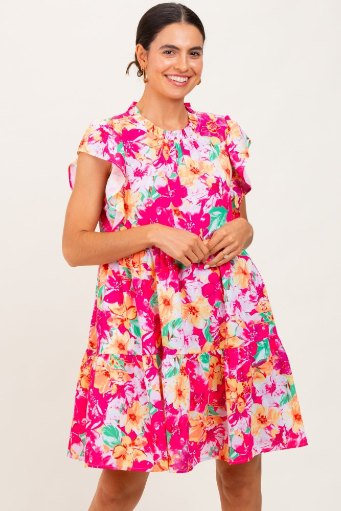 Fuchsia Floral Ruffle Tiered Dress