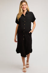 Black Button Down Front Pocket Maternity Midi Dress