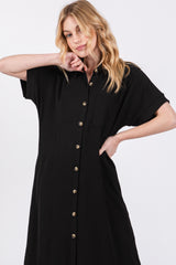 Black Button Down Front Pocket Midi Dress