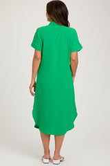 Green Button Down Front Pocket Maternity Midi Dress