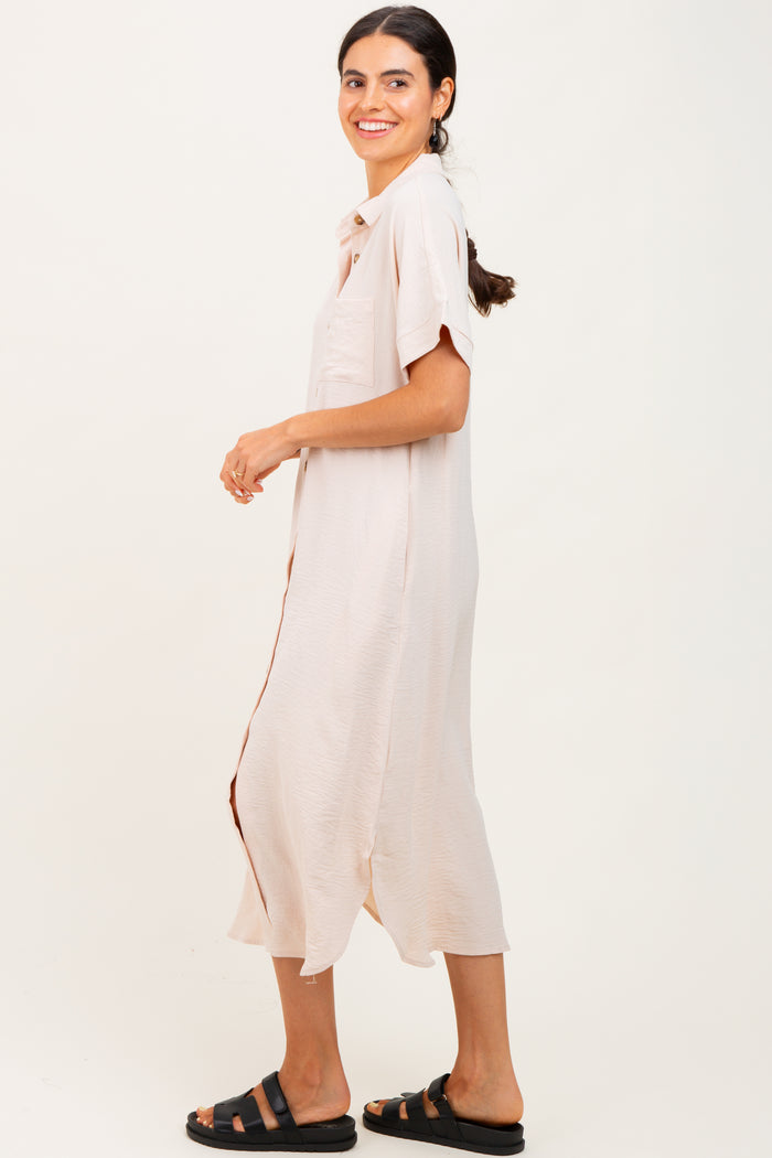 Beige Button Down Front Pocket Midi Dress