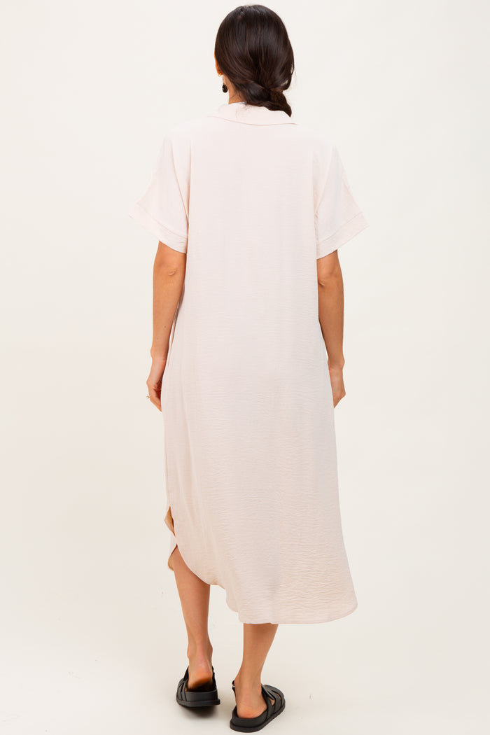 Beige Button Down Front Pocket Midi Dress