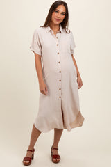 Beige Button Down Front Pocket Maternity Midi Dress