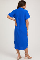 Royal Blue Button Down Front Pocket Maternity Midi Dress