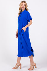 Royal Blue Button Down Front Pocket Midi Dress