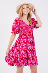 Fuchsia Floral Smocked V-Neck Ruffle Maternity Dress