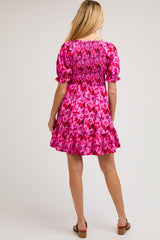 Fuchsia Floral Smocked V-Neck Ruffle Maternity Dress