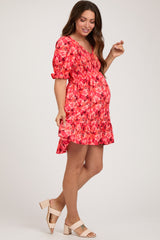 Orange Floral Smocked V-Neck Ruffle Maternity Dress