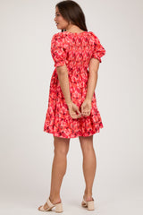 Orange Floral Smocked V-Neck Ruffle Maternity Dress