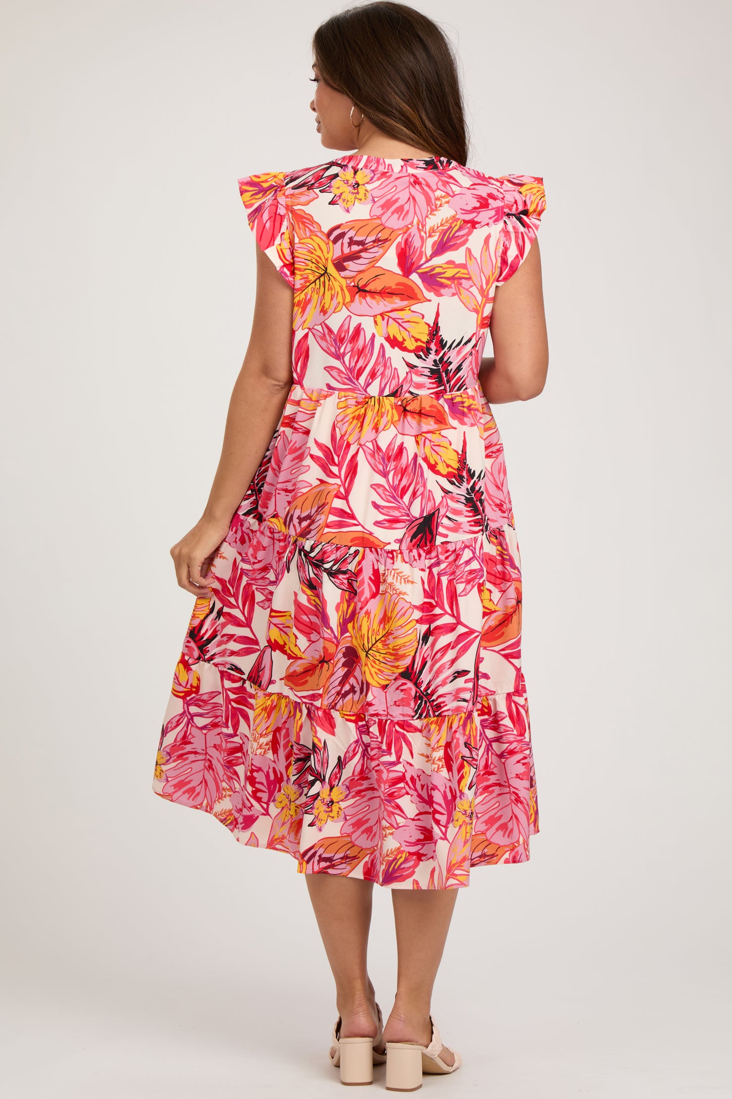 Coral Floral Flutter Sleeve Tiered Maternity Midi Dress