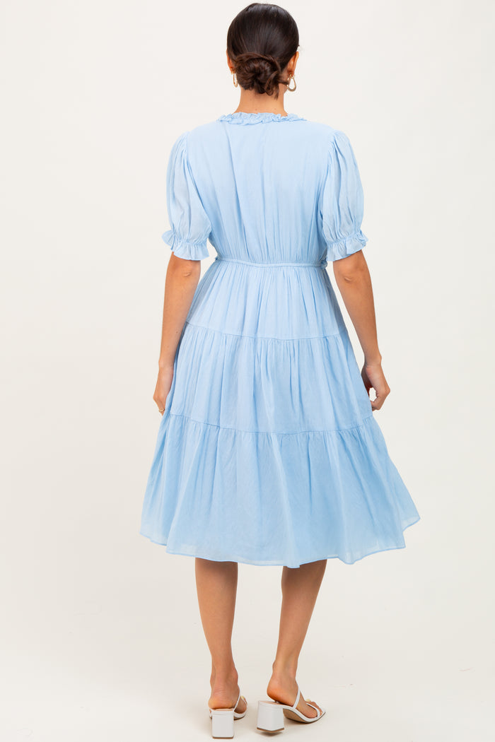 Light Blue Ruffle Trim Tiered Dress