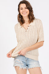 Beige Knit Button Collared Top